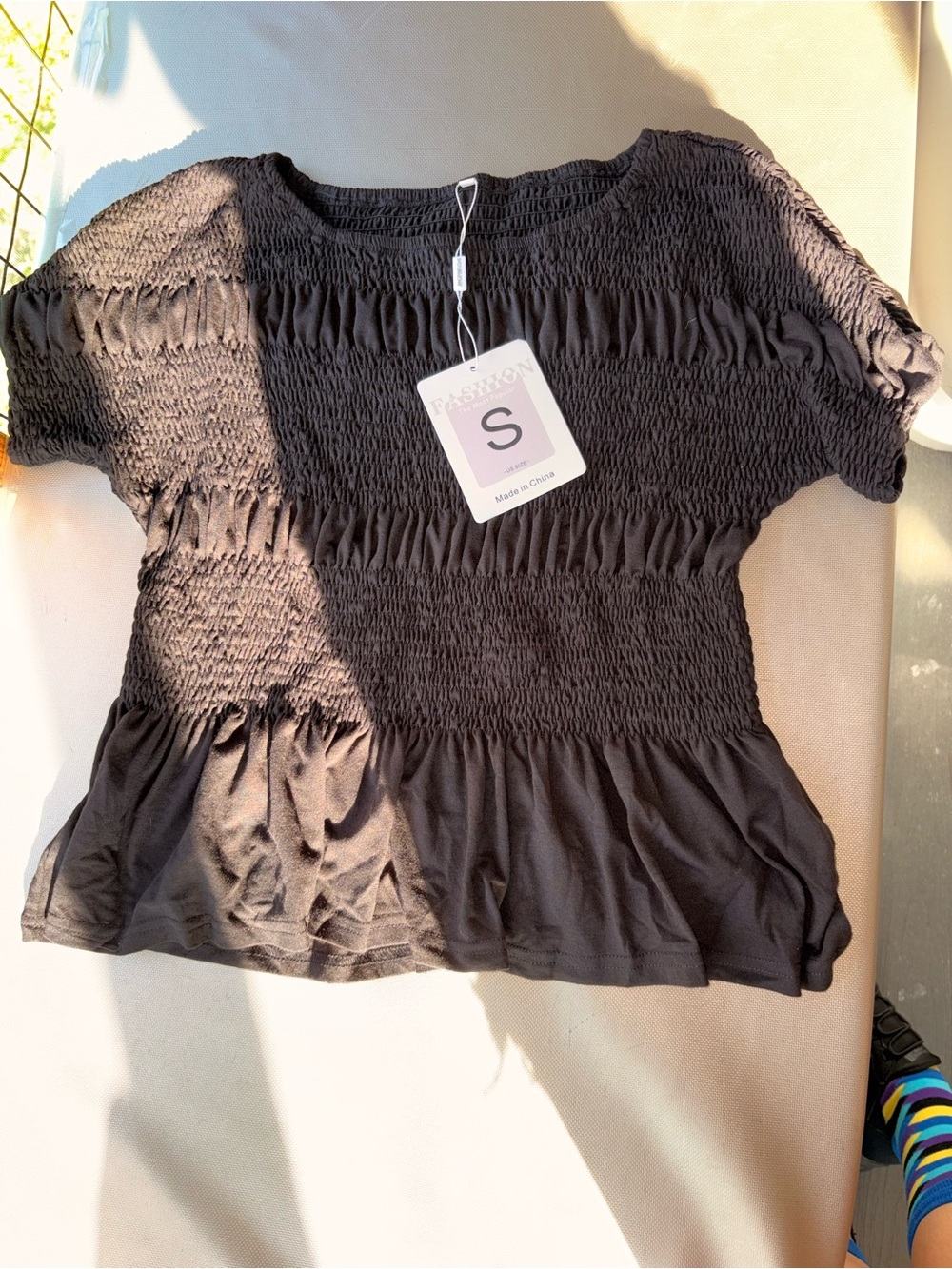 Smocked Short Sleeve Peplum Top - Black